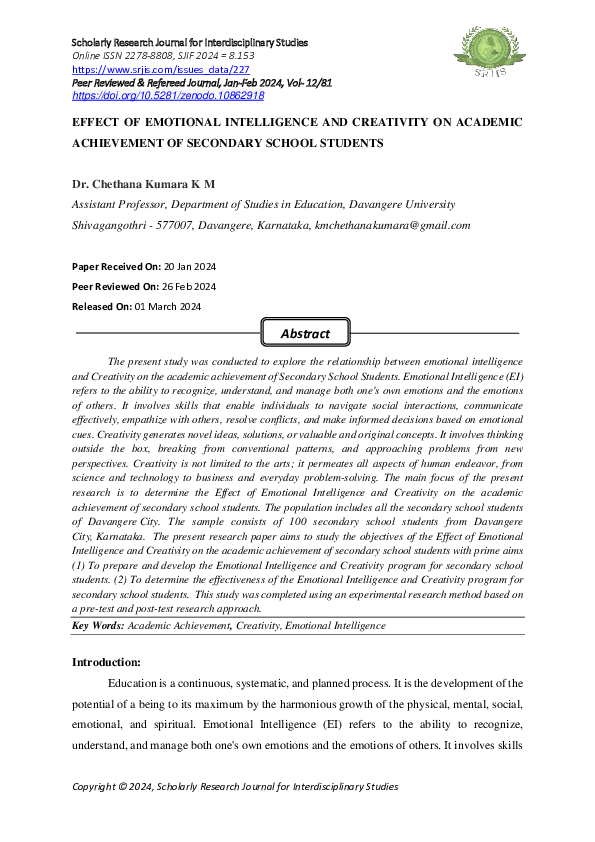 (PDF) EFFECT OF EMOTIONAL INTELLIGENCE AND CREATIVITY ON ACADEMIC ...