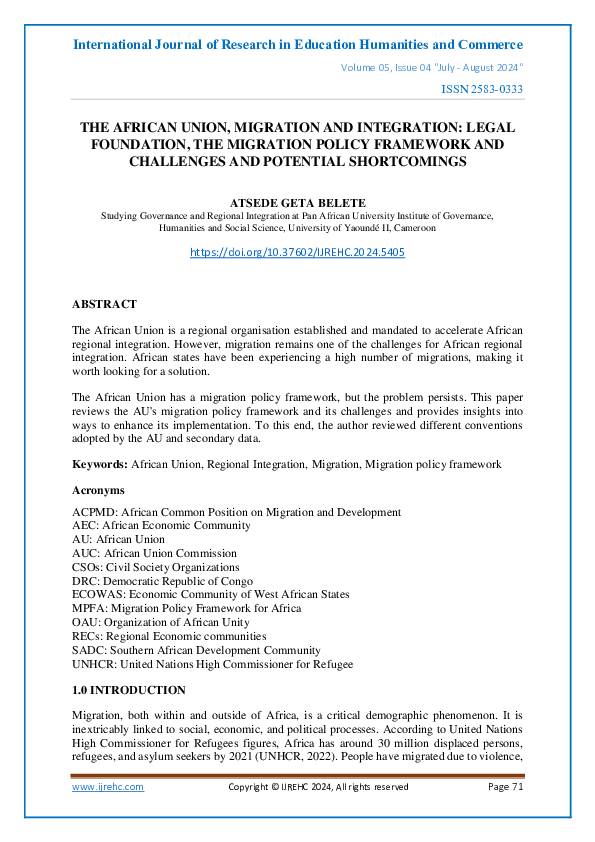 (PDF) THE AFRICAN UNION, MIGRATION AND INTEGRATION: LEGAL FOUNDATION ...
