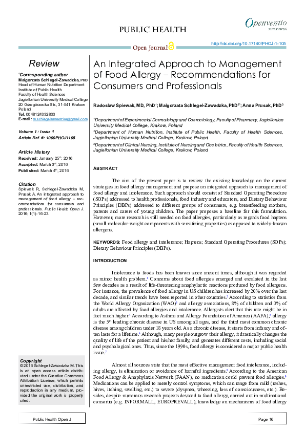 (PDF) An Integrated Approach to Management of Food Allergy ...