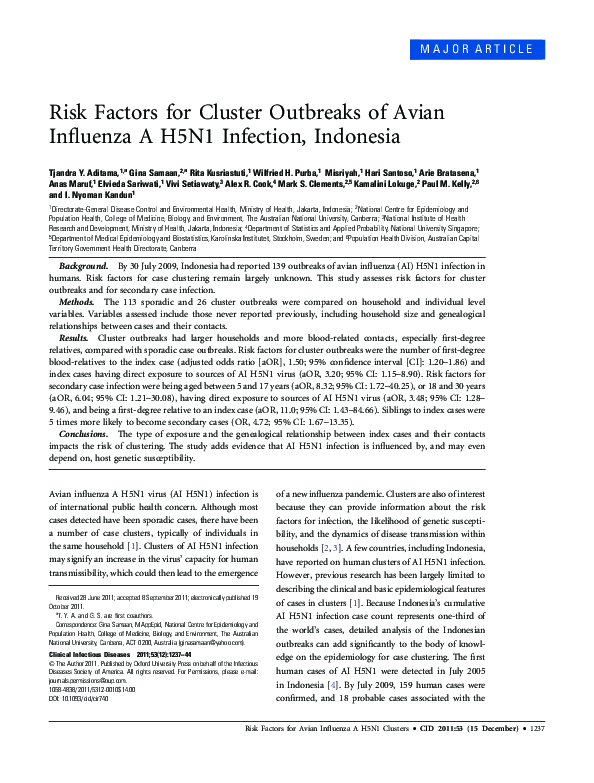 Pdf Risk Factors For Cluster Outbreaks Of Avian Influenza A H5n1