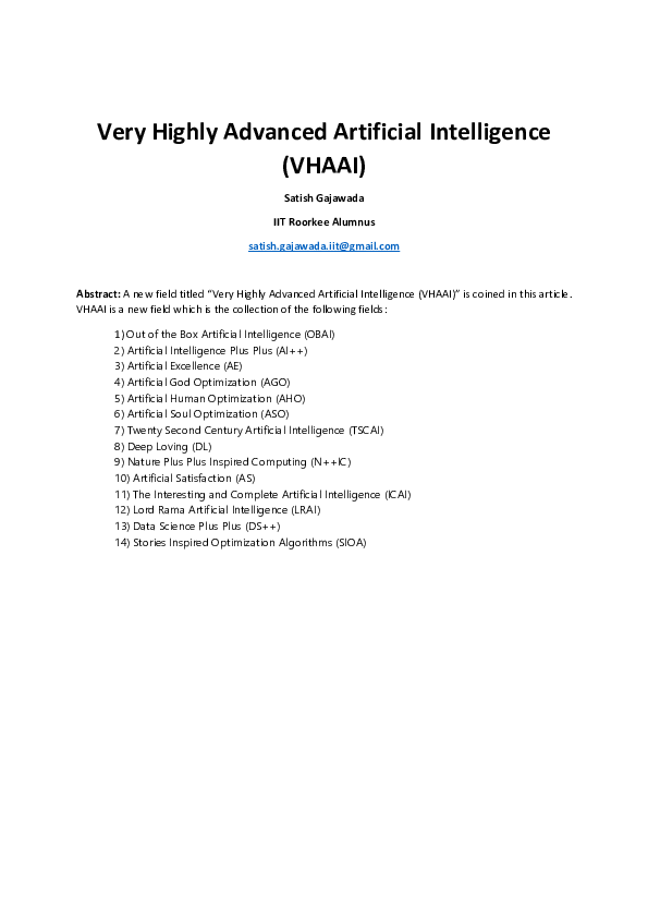 Advanced Artificial Intelligence Pdf (PDF) Very Highly Advanced Artificial Intelligence (VHAAI) | Satish