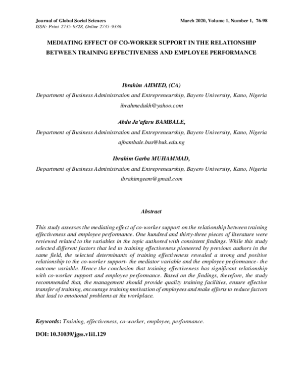 (PDF) Mediating Effect of Co-Worker Support in the Relationship between ...