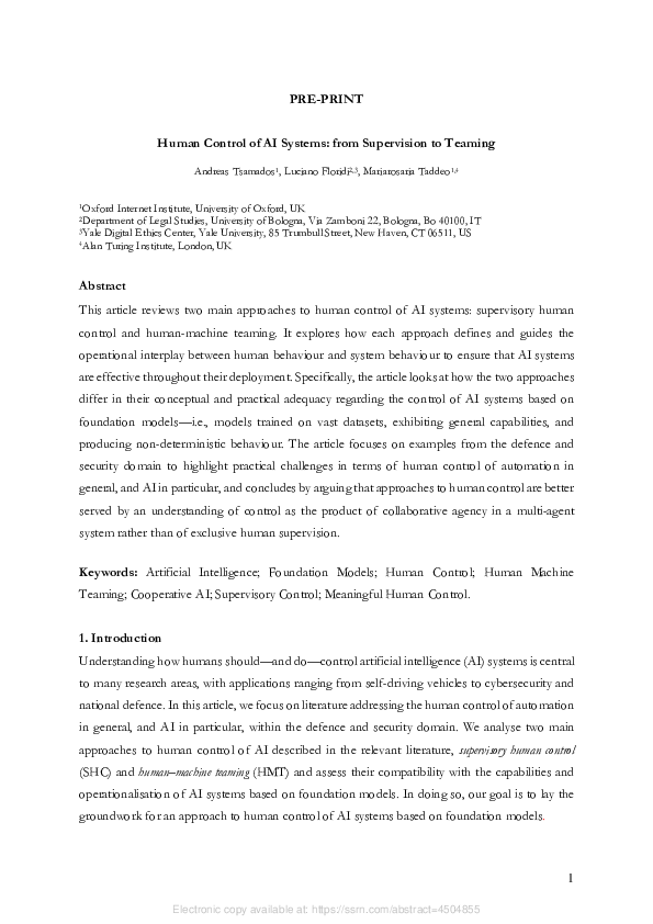 (PDF) Human Control of AI Systems: from Supervision to Teaming