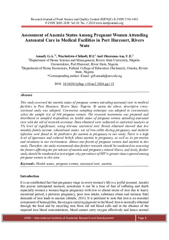 (PDF) Assessment of Anemia Status Among Pregnant Women Attending ...