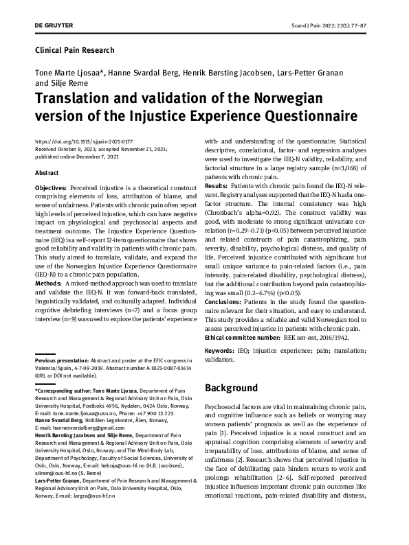 (PDF) Translation and validation of the Norwegian version of the ...