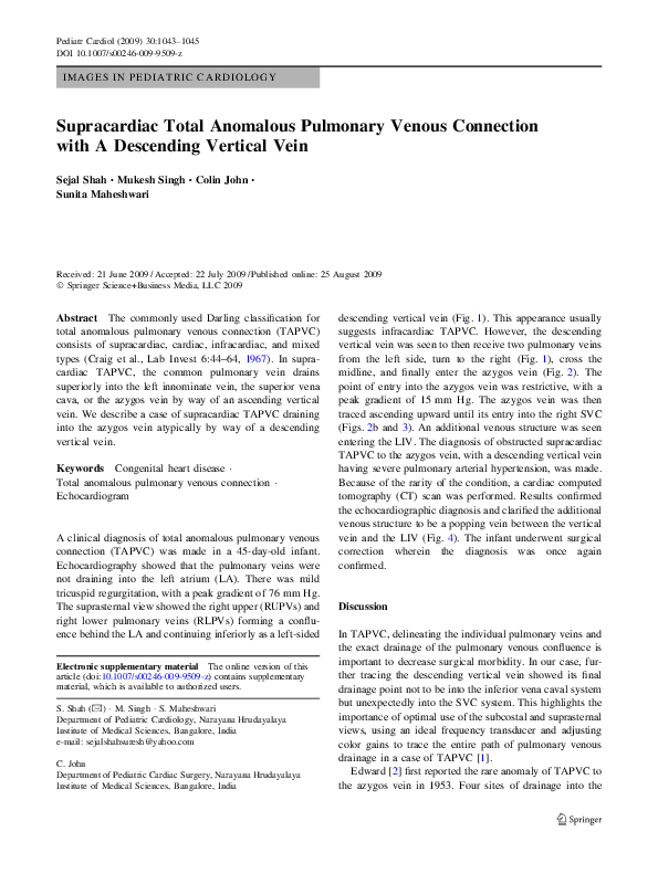(PDF) Supracardiac Total Anomalous Pulmonary Venous Connection: The ...