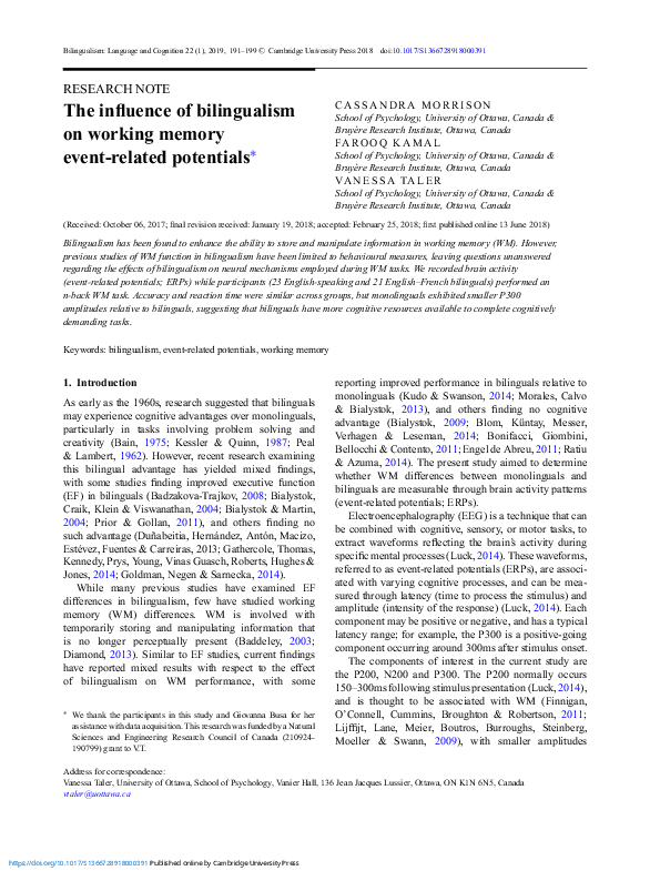 (PDF) The influence of bilingualism on working memory event-related ...
