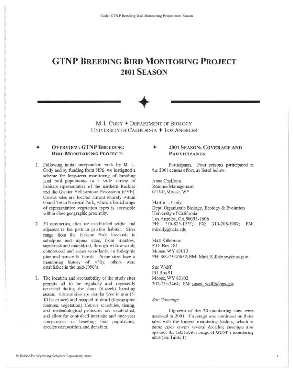 (PDF) GTNP Breeding Bird Monitoring Project 2001 Season