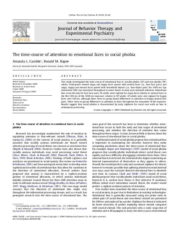 (PDF) The time-course of attention to emotional faces in social phobia