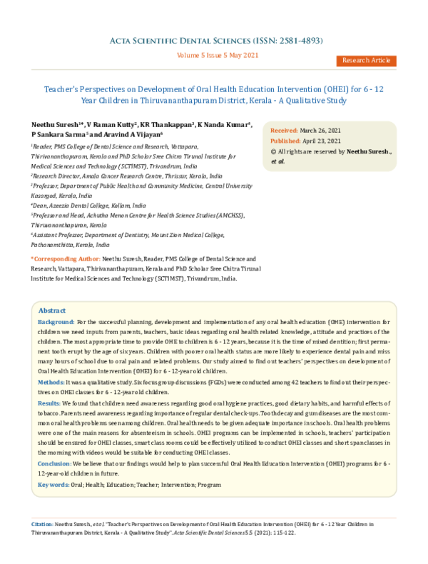 (PDF) Teacher’s Perspectives on Development of Oral Health Education ...