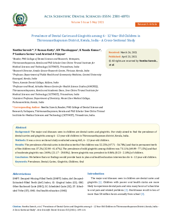 (PDF) Prevalence of Dental Caries and Gingivitis among 6 - 12 Year Old ...