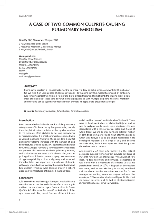 (PDF) A Case of Two Common Culprits Causing Pulmonary Embolism