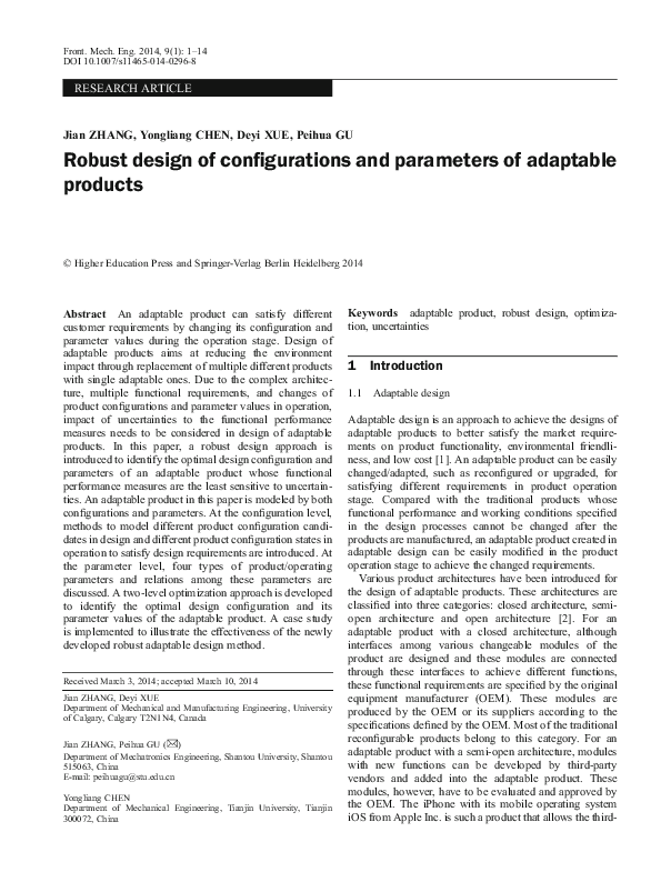 (PDF) Robust design of configurations and parameters of adaptable products