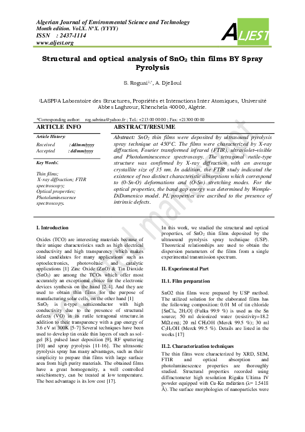 (PDF) Structural and optical analysis of SnO2 thin films BY Spray Pyrolysis