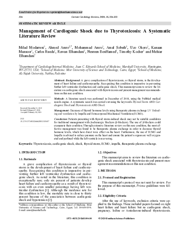 (PDF) Management of Cardiogenic Shock due to Thyrotoxicosis: A ...