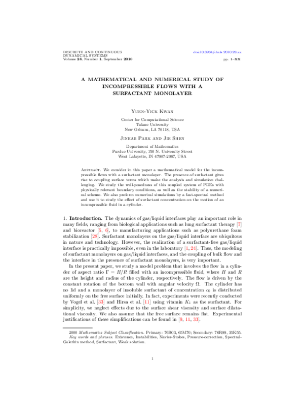 (PDF) A mathematical and numerical study of incompressible flows with a ...