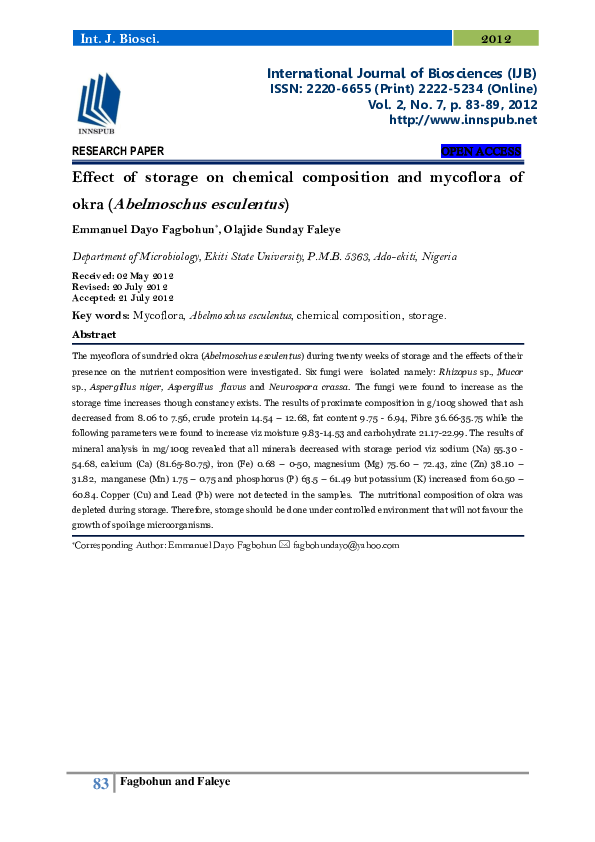 (PDF) Effect of storage on chemical composition and mycoflora of okra ...