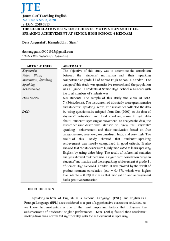 (PDF) The Correlation Between Students’ Motivation and Their Speaking ...