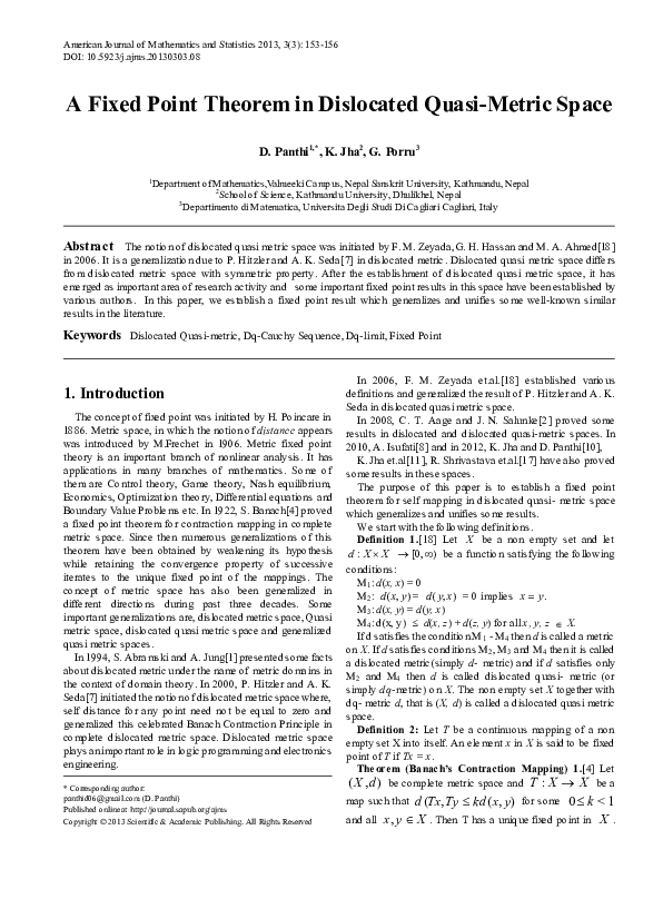 (PDF) Fixed Point Theorem in Dislocated Quasi Metric Space