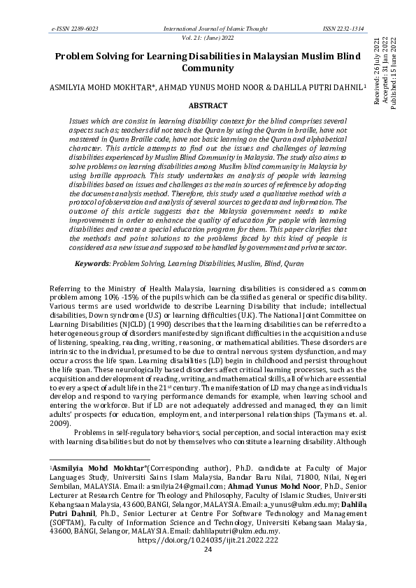(PDF) Problem Solving for Learning Disabilities in Malaysian Muslim ...