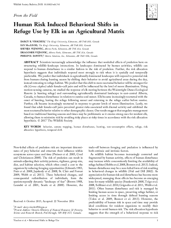 (PDF) Human risk induced behavioral shifts in refuge use by elk in an ...