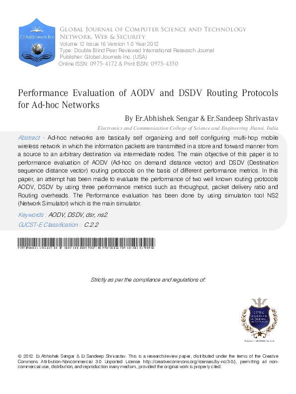 (PDF) Performance Evaluation of AODV and DSDV Routing protocols for Ad ...