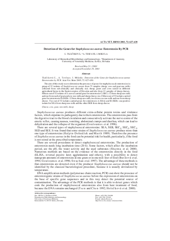 (PDF) Detection of the Genes for Staphylococcus aureus Enterotoxins by PCR