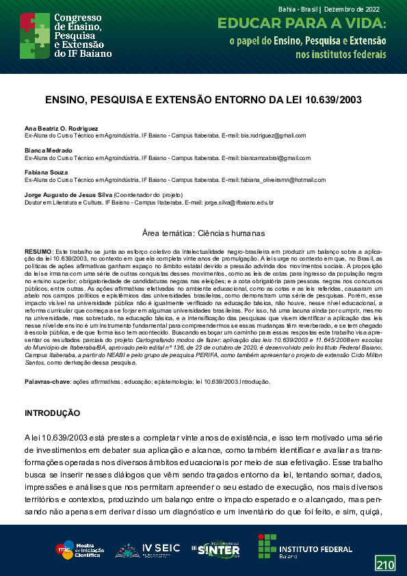 (PDF) Ensino pesquisa e extensão entorno da lei 10639/2003