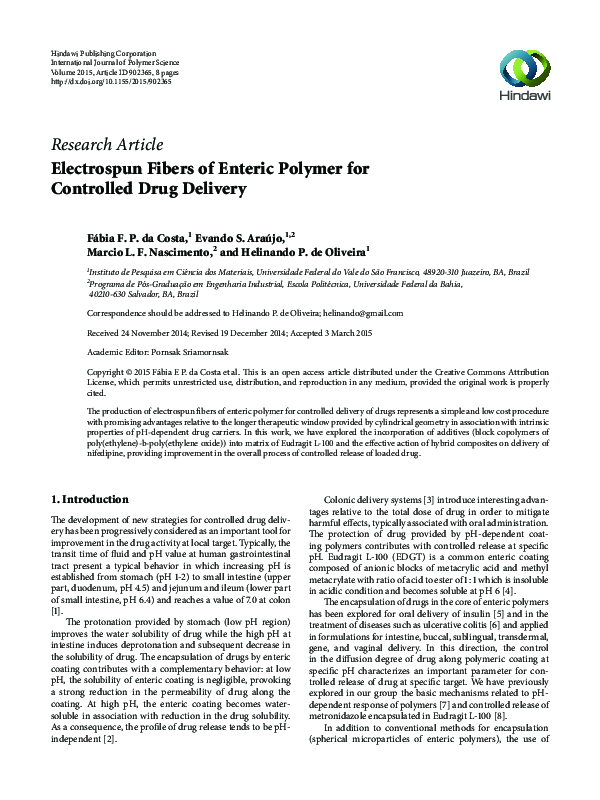 (PDF) Electrospun Fibers of Enteric Polymer for Controlled Drug Delivery