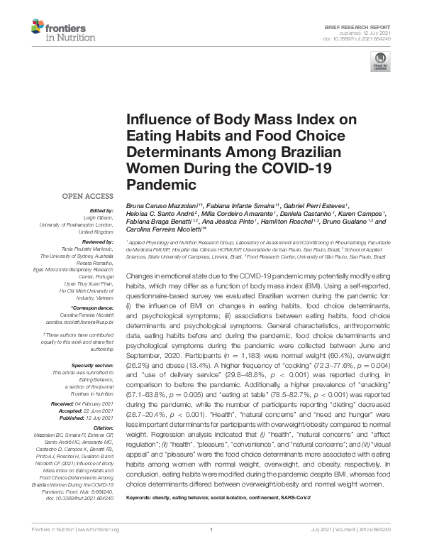 (PDF) Influence of Body Mass Index on Eating Habits and Food Choice ...