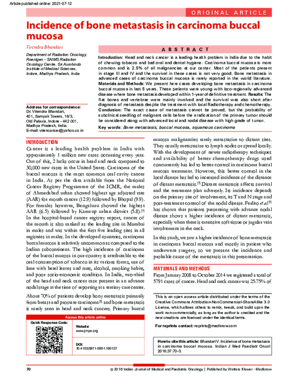 (PDF) Incidence of bone metastasis in carcinoma buccal mucosa