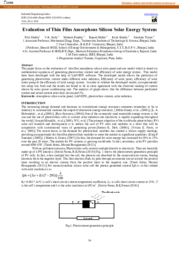 (PDF) Evaluation of Thin Film Amorphous Silicon Solar Energy System