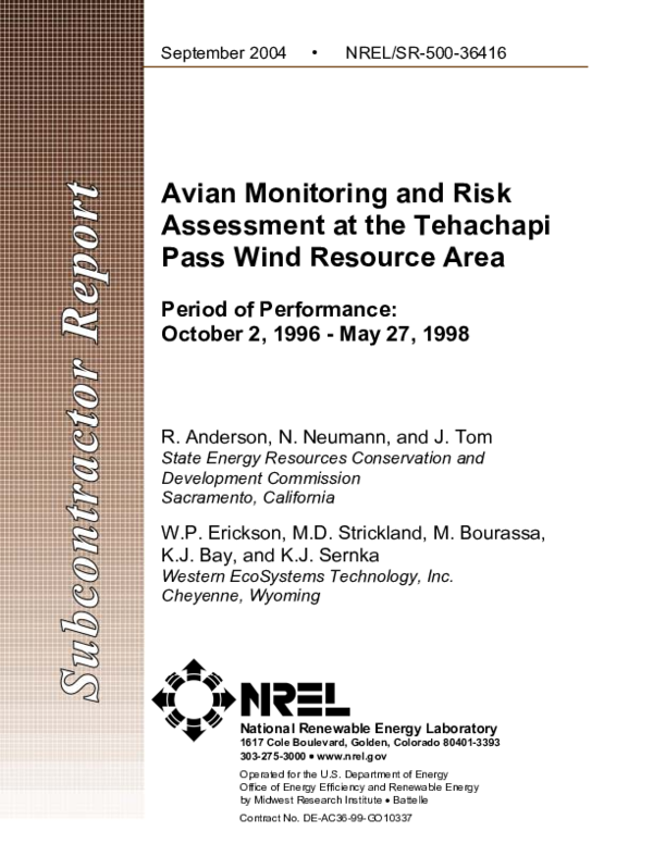 (PDF) Avian Monitoring and Risk Assessment at the Tehachapi Pass Wind ...