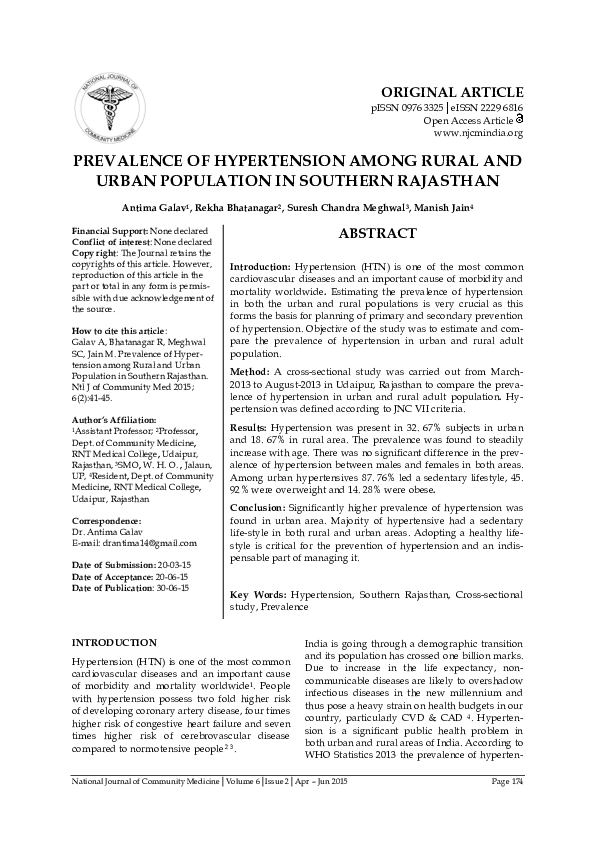 (PDF) PREVALENCE OF HYPERTENSION AMONG RURAL AND URBAN POPULATION IN ...