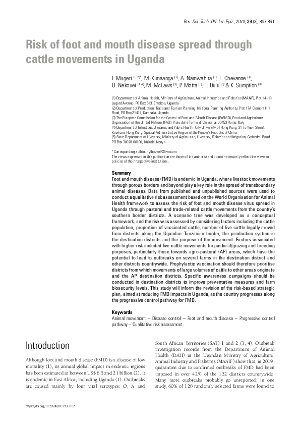 (PDF) Risk of foot and mouth disease spread through cattle movements in ...