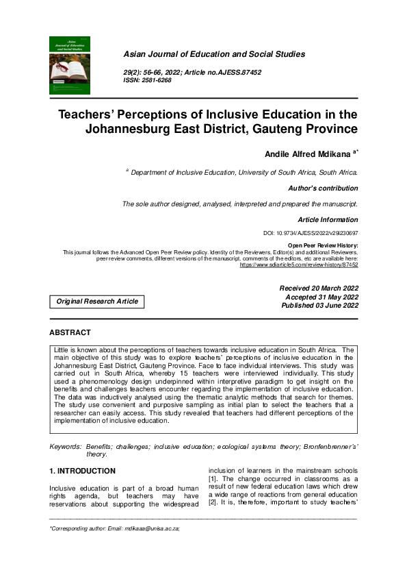 (PDF) Teachers’ Perceptions of Inclusive Education in the Johannesburg ...