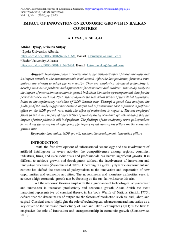 (PDF) Impact of innovation on economic growth in Balkan countries
