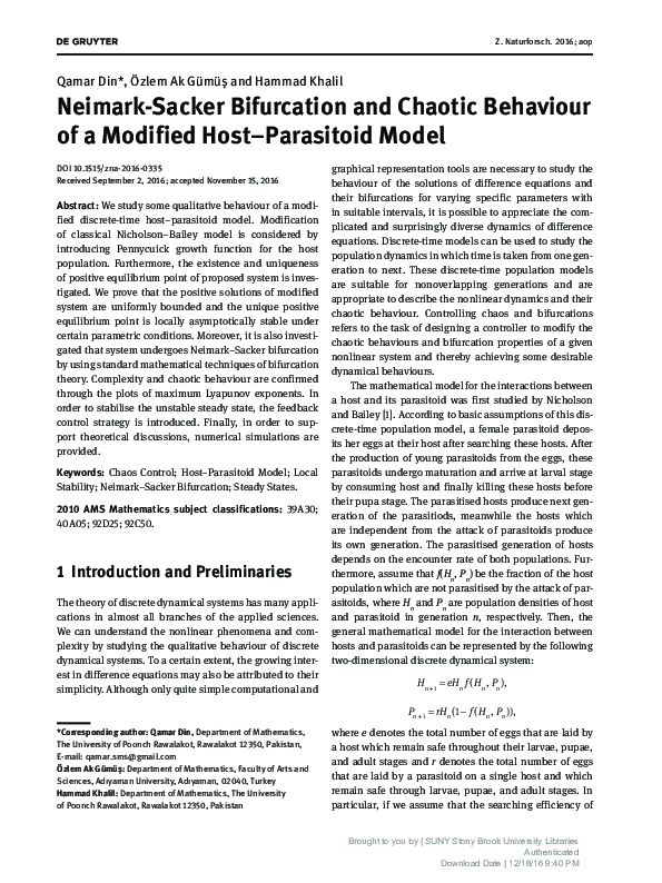 (PDF) Neimark-Sacker Bifurcation and Chaotic Behaviour of a Modified ...