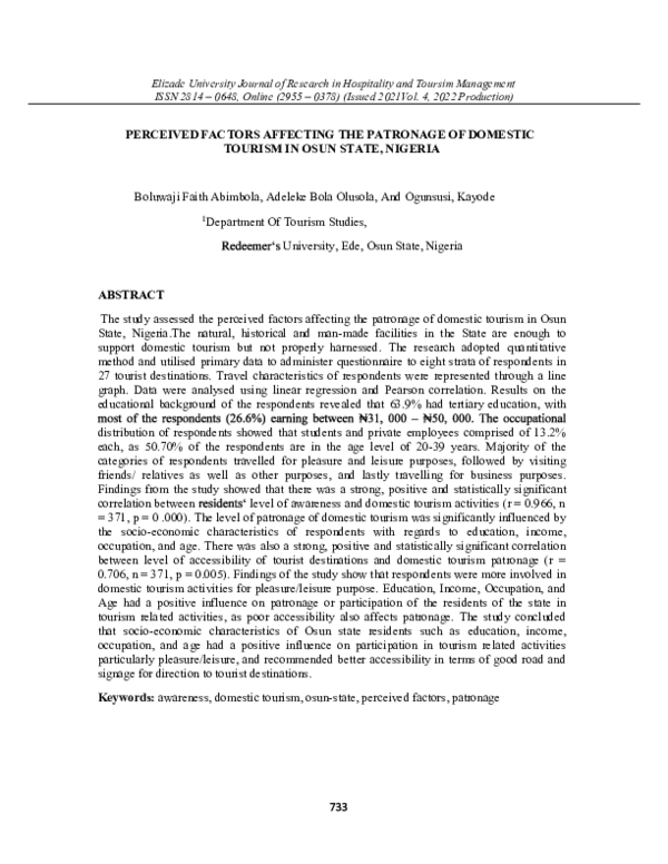 (PDF) PERCEIVED FACTORS AFFECTING THE PATRONAGE OF DOMESTIC TOURISM IN ...