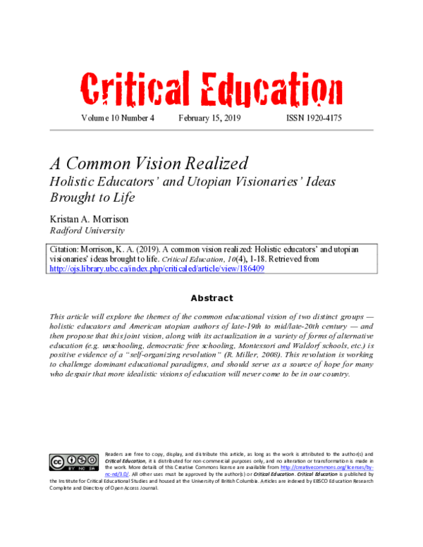 (PDF) A Common Vision Realized: Holistic Educators’ and Utopian ...