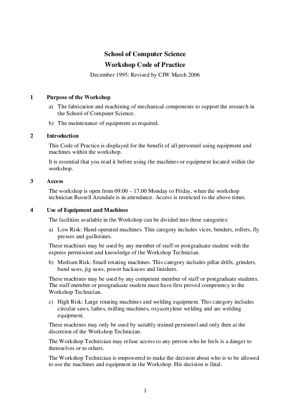 (PDF) School of Computer Science Workshop Code of Practice