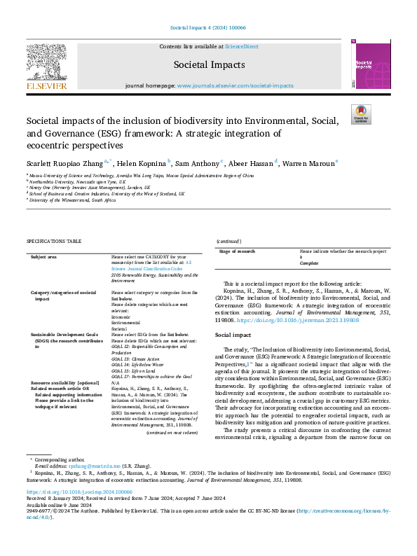 (PDF) Societal impacts of the inclusion of biodiversity into ...