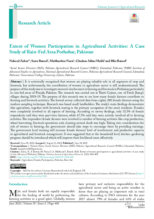 (PDF) Extent of Women Participation in Agricultural Activities: A Case ...