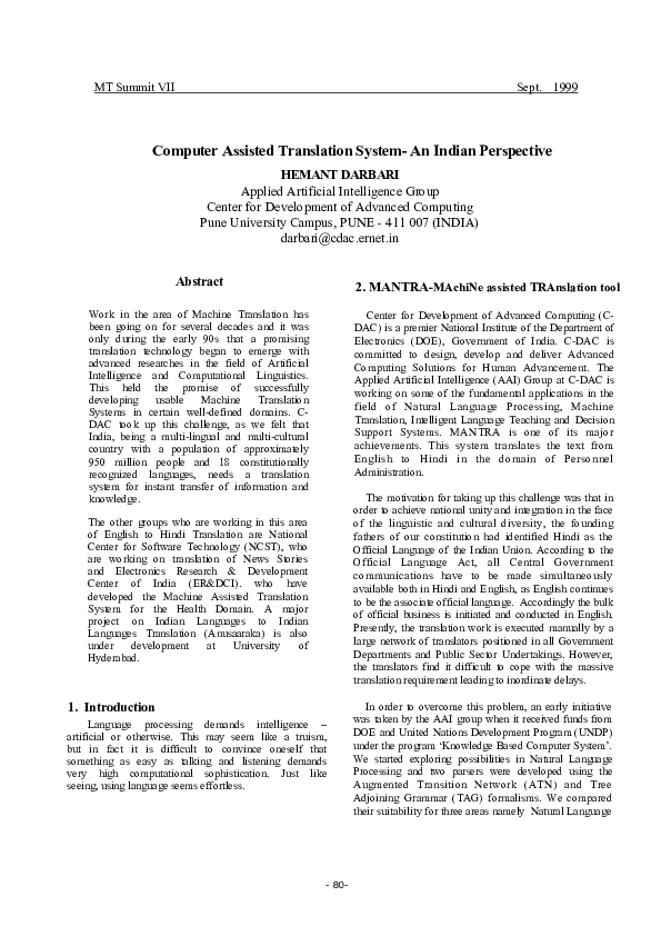 (PDF) Computer Assisted Translation System- An Indian Perspective