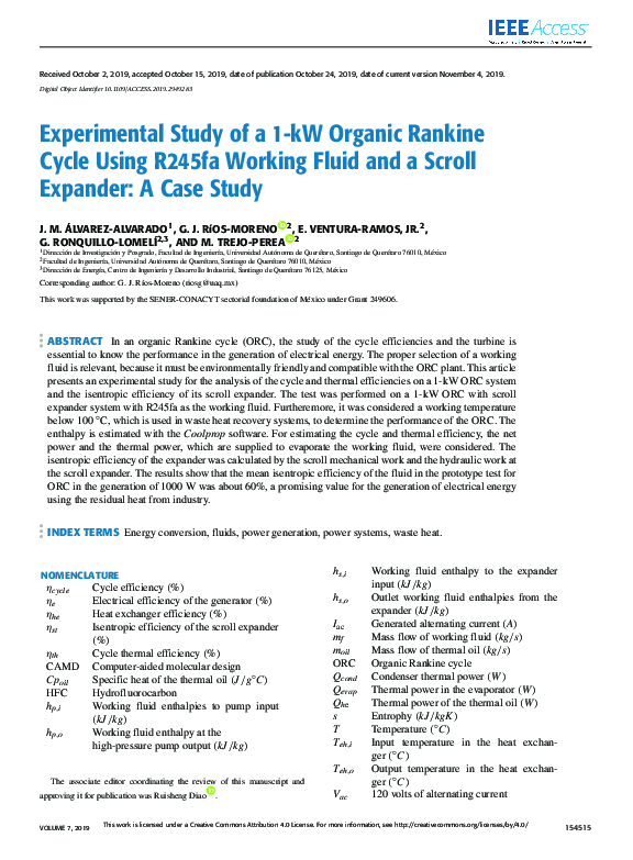 (PDF) Experimental Study of a 1-kW Organic Rankine Cycle Using R245fa ...