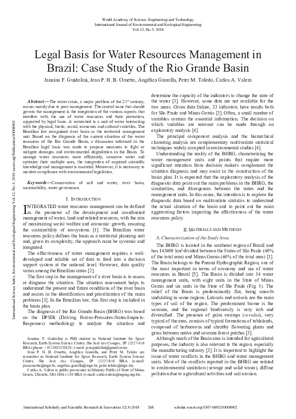 (PDF) Legal Basis For Water Resources Management In Brazil: Case Study ...