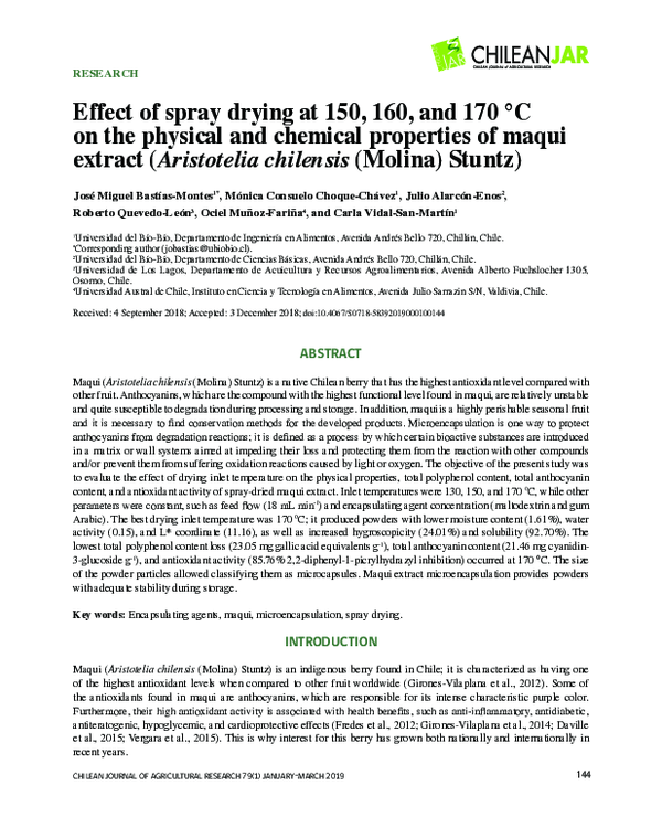 (PDF) Effect of spray drying at 150, 160, and 170 °C on the physical ...