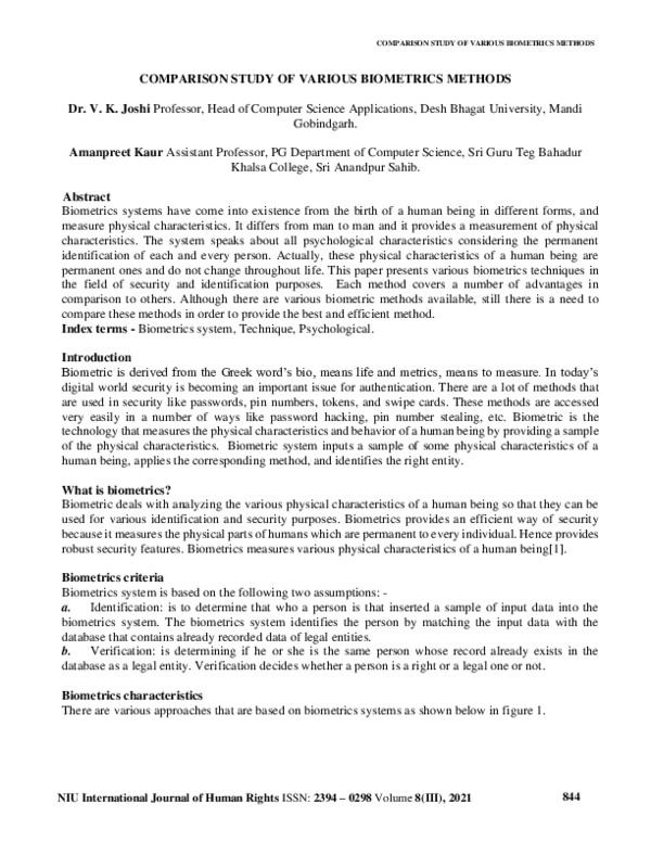(PDF) COMPARISON STUDY OF VARIOUS BIOMETRICS METHODS