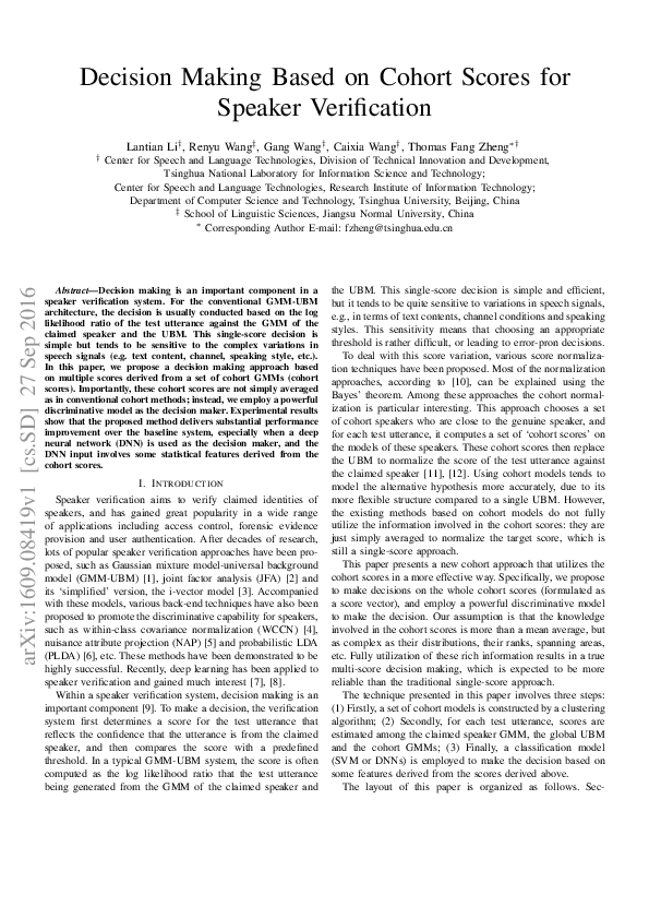 (PDF) Decision making based on cohort scores for speaker verification