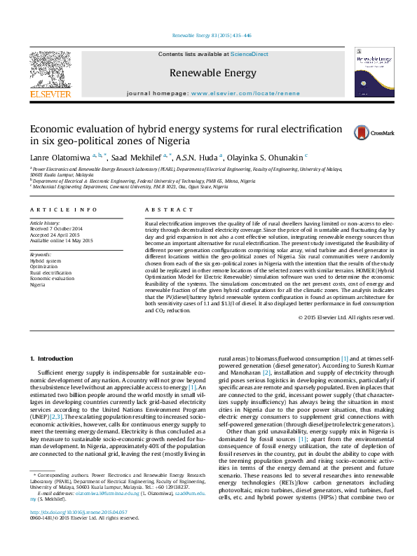 (PDF) Economic evaluation of hybrid energy systems for rural ...